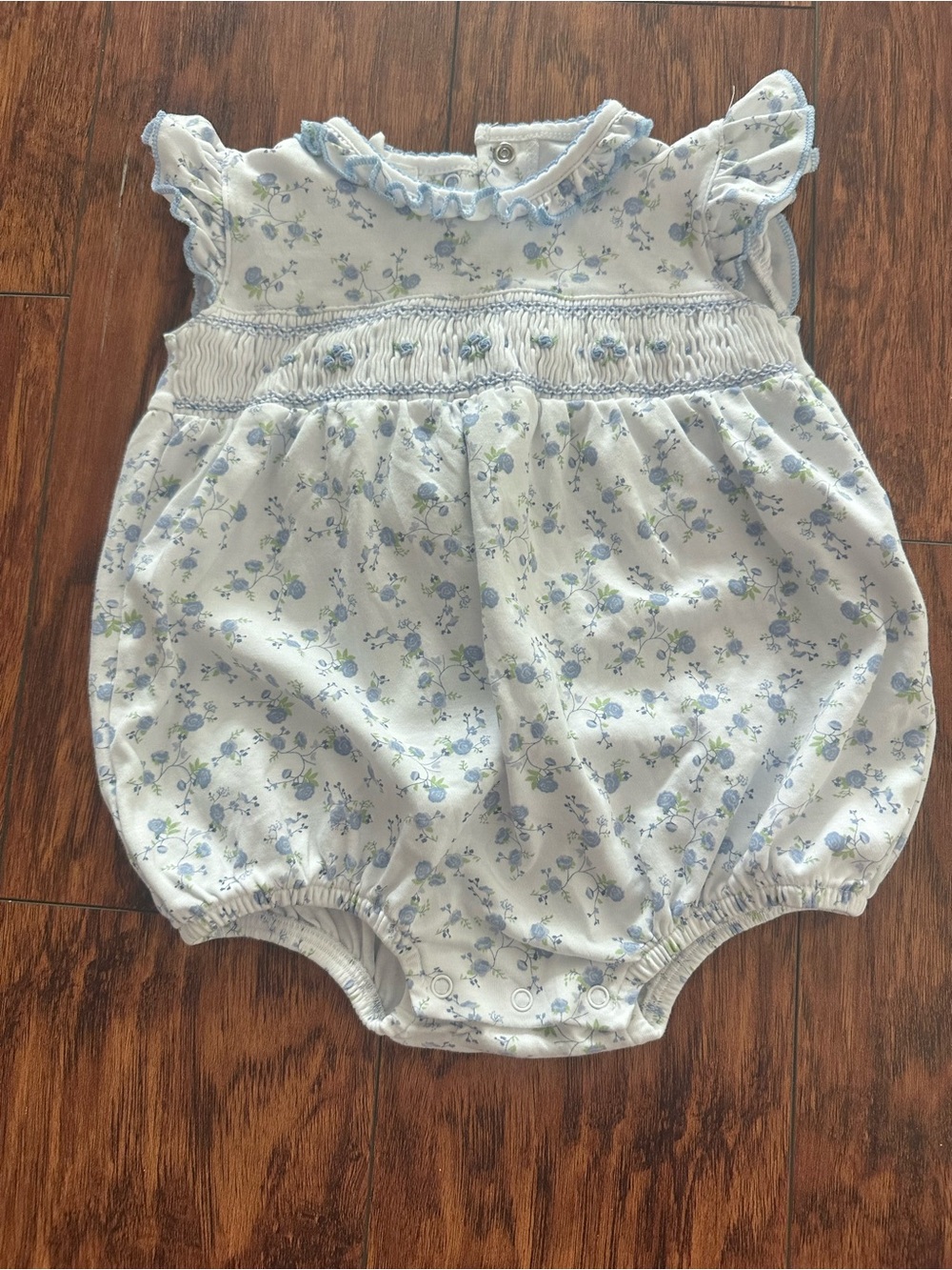 Magnolia Baby Floral Smocked Romper in Light Blue